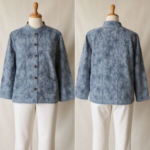 Galeno Blue Embroidered Cotton Jacket Medium Oriental Accent